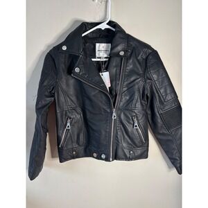 Urban Republic Girls Black Faux Leather Moto Jacket Size M 10 12 Zip Pockets
